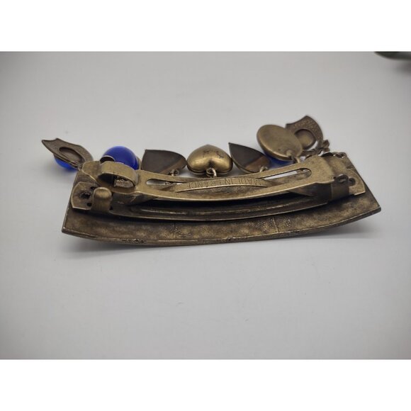 Vintage Rare French Charms Hair Barrette Clip Brass Tone Metal Cobalt Blue Glass main image 12